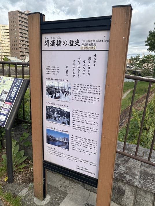 「開運橋の歴史」と題された案内板と、北上川沿いの風景