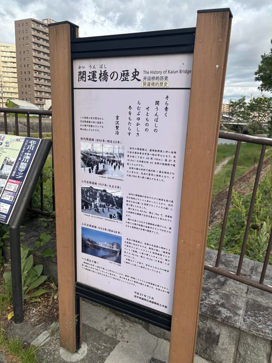 「開運橋の歴史」と題された案内板と、北上川沿いの風景